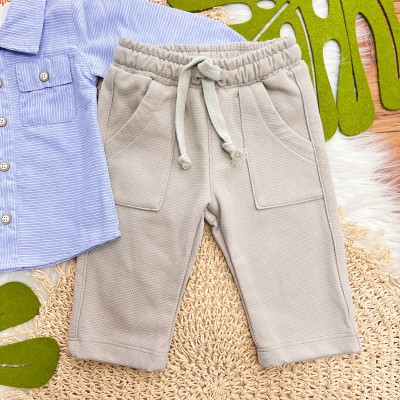 Conj. Camisa Manga Longa Listrada com Botões e Calça - Azul  e Areia